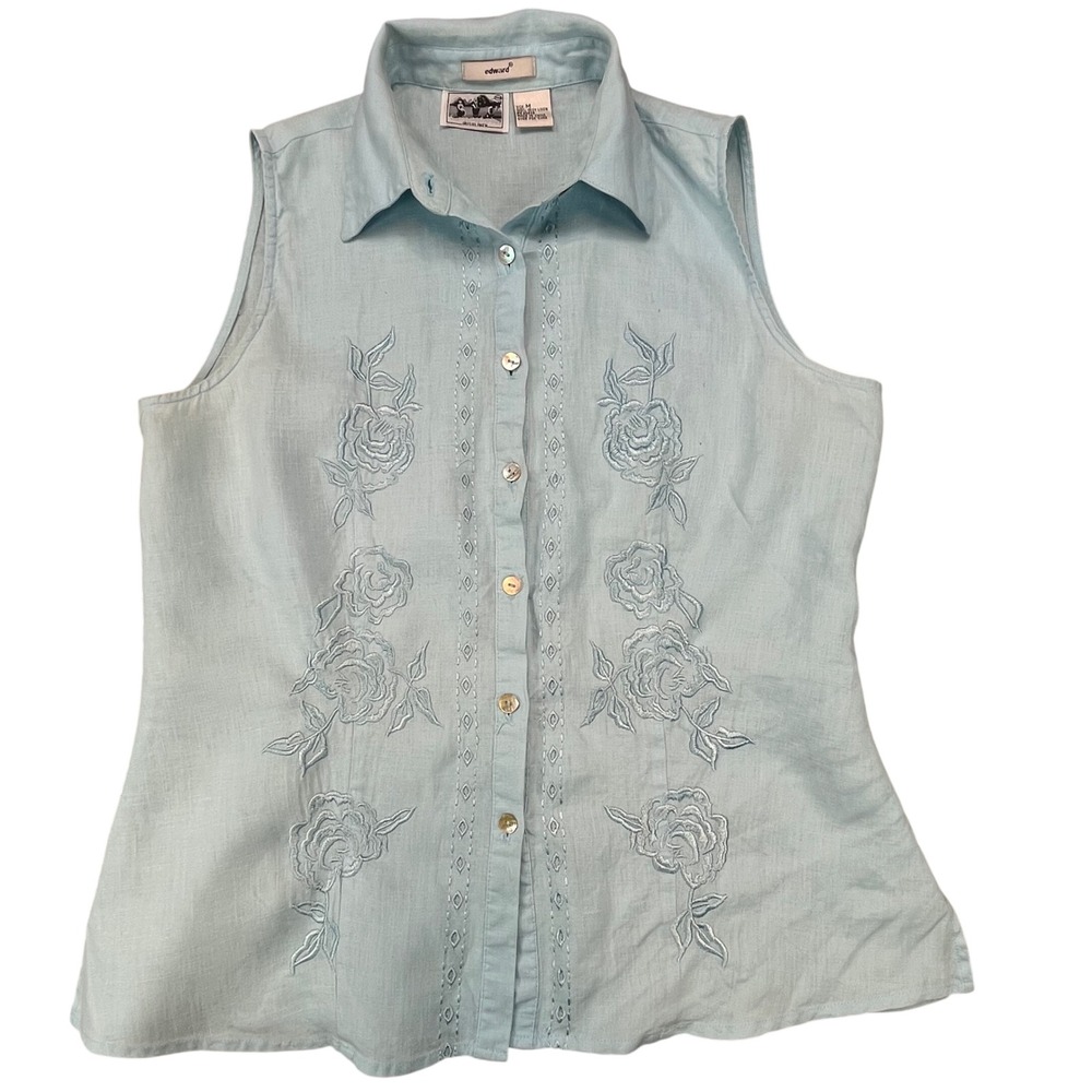 Edward Womens Light Blue 100% Irish Linen Floral Embroidered Sleeveless Top M